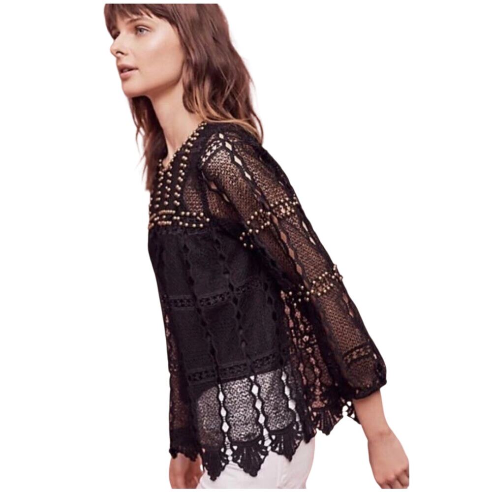 Anthropologie Maeve Auralis‎ Black Lace Top With Gormmets Women's Size Small